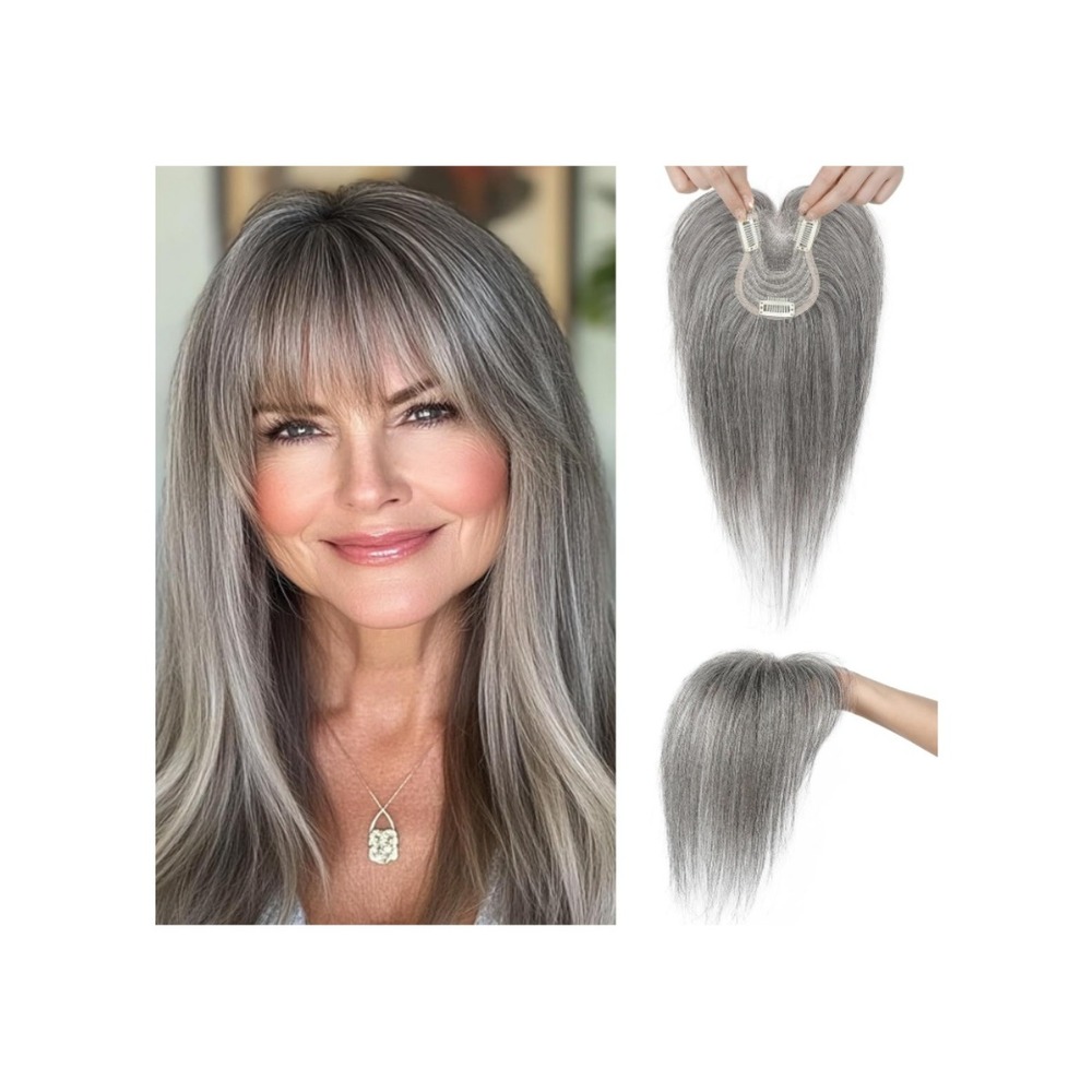 10in Real Human Hair Topper with Bangs Dark Gray Clip In Lace Base Hand-Tied